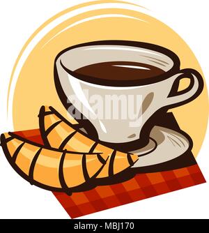 Cup of coffee, tea and croissant. Hot drink, dessert logo or label. Cartoon vector illustration Stock Vector