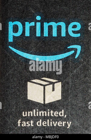 SEATTLE, USA - CIRCA DECEMBER 2017: Amazon prime label on a parcel Stock Photo