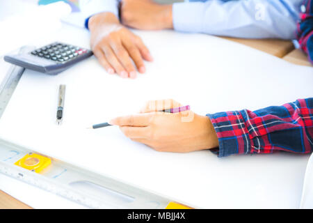 Close up on table architecture and engineering  consult blueprint builder Background,Concept Business Success Stock Photo