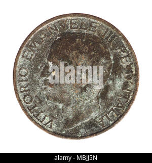 Old Italian 1 Lira coin with Vittorio Emanuele III King and Imperator, circa 1936 isolated isolated over white background Stock Photo