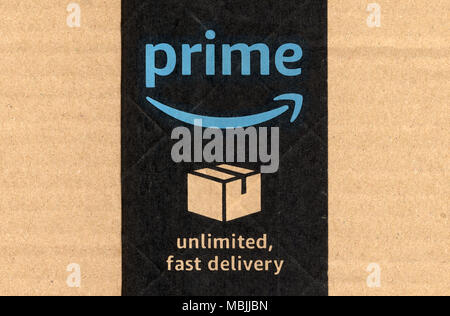 SEATTLE, USA - CIRCA DECEMBER 2017: Amazon prime label on a parcel Stock Photo