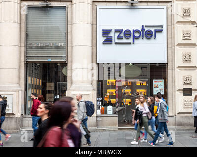 BELGRADE, SERBIA - MARCH 31, 2018: Entrance of a Zepter Shop with its logo and crowd pasisng in front. Founded by a Serb, Zepter International is a gl Stock Photo