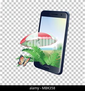 Summer Time concept with smartphone, tropical leaves, beach umbrella and butterfly isolated on transparent grid background. Vector illustration. Stock Vector