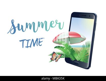 Summer Time concept with smartphone, tropical leaves, beach umbrella and butterfly isolated on white background. Vector illustration. Stock Vector