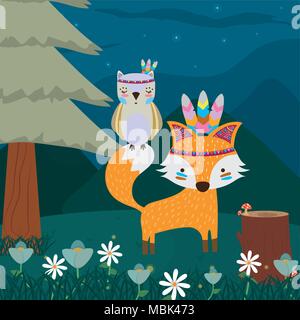 Fox and owl cute hippie cartoon Stock Vector