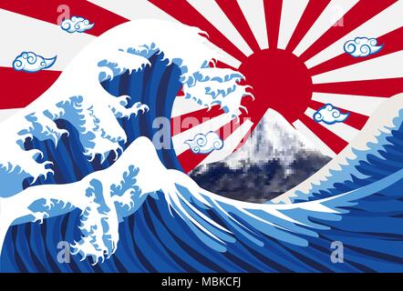 sea wave with mount Fuji and japan flag Stock Vector