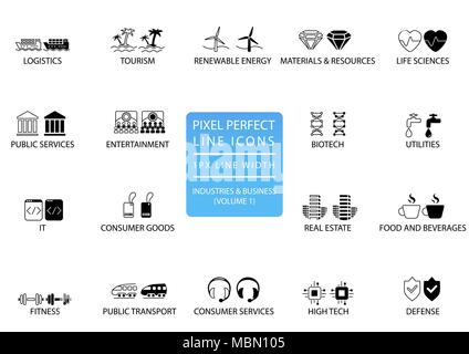 Pixel perfect thin line icons and symbols of various industries / business sectors like public services, consumer goods, defence, life sciences, high- Stock Vector