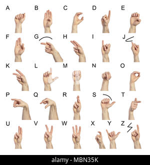 sign language hands set isolated on white with black letters Stock Photo