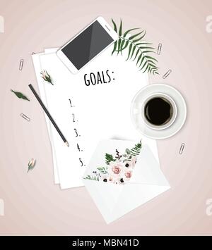 Top view 2018 goals list with notebook, cup of coffee on wooden desk. Vector illustration. Stock Vector