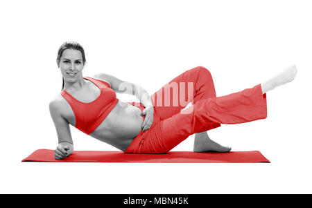 Pregnant woman making exercise, isolated on white Stock Photo