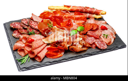 Cold meat plate with salami and chorizo sausage and parma