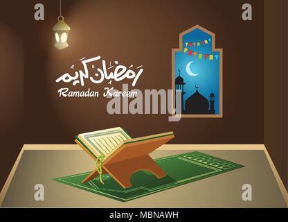 Holy Quran in Worship Room During Night, Ramadan Concept Stock Vector