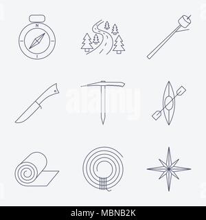 Set of Outline stroke Camping icons on white background. Vector illustration Stock Vector