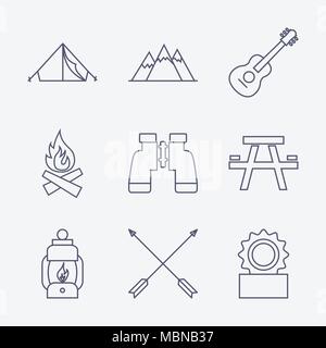 Set of Outline stroke Camping icons on white background. Vector illustration Stock Vector