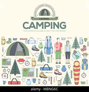 Camping equipment set circle infographics template concept. Icons design for your product or design, web and mobile applications. Vector flat with long shadow illustration on blue background Stock Vector