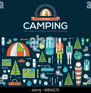 Camping equipment set circle infographics template concept. Icons for your product or design, web and mobile applications. Vector flat with long shadow illustration on blue background Stock Vector
