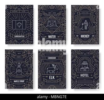 Canada thin line brochure cards set. Country traditional template of flyear, magazines, posters, book cover, banners. Architecture outline invitation concept background. Layout quality modern pages Stock Vector