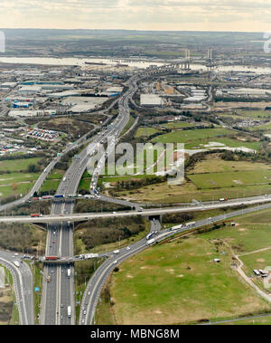 Junction 30 M25. A13 and M25 Junction, from the air, Essex, SE England UK, Dartford Crossing distant Stock Photo