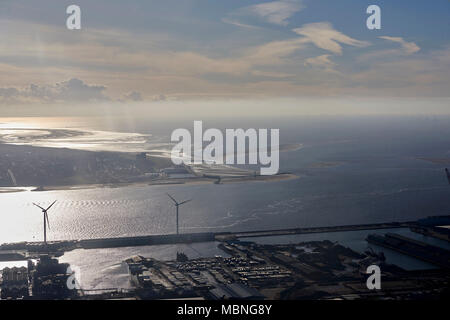 An aerial view of the River Mersey looking over Seaforth Docks to the Wirral at sunset, Liverpool, North West England, UK Stock Photo