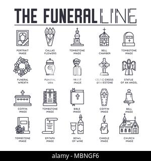 Funeral Icons set in outline style isolated on white background Stock ...