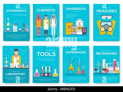 Biohazard chemists brochure cards set. chemistry lab template of flyear, magazine, poster, book cover, banner. Science people with equipment invitation concept background. Layout scientist modern page Stock Vector