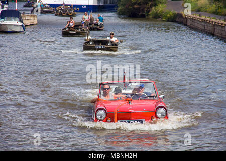 Amphic car and military amphibious vehicles on Moselle river at Cochem, Rhineland-Palatinate, Germany Stock Photo