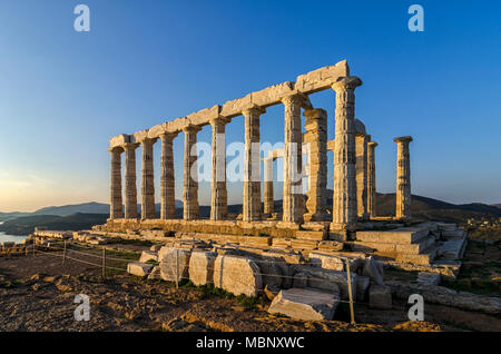 Sounion, Attica / Greece. Temple of Poseidon at Cape Sounion. One of the Twelve Olympian Gods in ancient Greek religion and myth Stock Photo