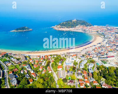 Santa Clara Island and San Sebastian Donostia city aerial panoramic view, Basque country in Spain Stock Photo