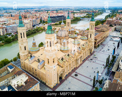 Cathedral Basilica of Our Lady of the Pillar aerial panoramic view, Zaragoza city in Aragon region of Spain Stock Photo