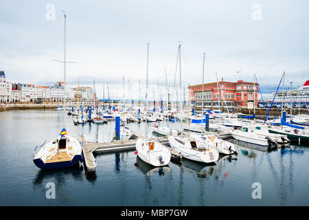 Yachts and boats at the A Coruna city port in Galicia, Spain Stock Photo