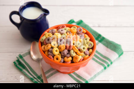Bowl of Fruit Cereal on a Rustic Wooden Table Stock Photo