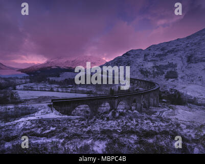 Winter panorama railway viaduct on the West Highland Line in Glenfinnan. Stock Photo