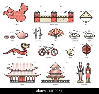 Country China travel vacation guide of goods, places in thin lines style design. Set of architecture, fashion, people, nature background concept. Infographic template for web and mobile on vector flat Stock Vector