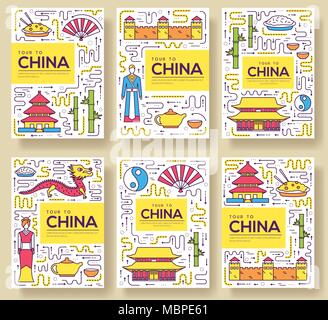 China vector brochure cards thin line set. Country travel template of flyear, magazines, posters, book cover, banners. Layout culture monument outline illustrations modern pages Stock Vector