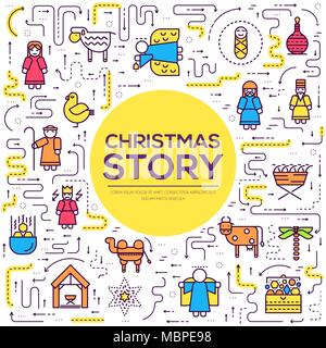 Merry Christmas thin line icons flat set background. Outline birth of Christ illustration background concept. Stock Vector