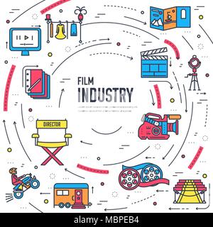 Premium quality cinema industry thin line design set. Filming minimalistic symbol infographic. Outline movie technology template of icon, typography, logo, pictogram and illustration concept Stock Vector
