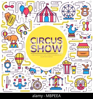 Premium quality circus outline icons infographic set. Festival linear symbol pack. Modern show template of thin line, logo, symbols, pictogram and flat illustrations vector concept Stock Vector
