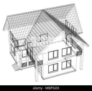 Wireframe blueprint drawing of 3D house - Vector illustration Stock Vector