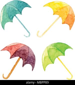 Hand drawn watercolor set of colorful umbrellas on the white background. Vector. Stock Vector