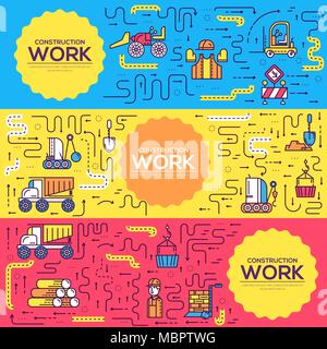 Thin line people at road works brochure cards set. Heavy vehicles making maintenance  template of flyear, magazines, poster, book cover, banners. Outline line invitation concept Stock Vector