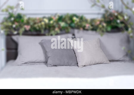 Decorative Pillows On Bed Arrangement With Bedroom Lamps And Bedside Tables  Stock Photo - Download Image Now - iStock
