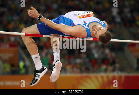 Scotland's David Smith in the Men's High Jump Final at the Carrara Stadium during day seven of the 2018 Commonwealth Games in the Gold Coast, Australia. Stock Photo