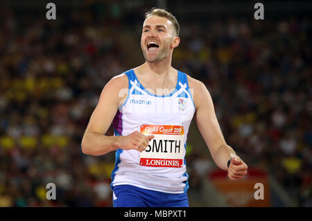 Scotland's David Smith celebrates during the Men's High Jump Final at the Carrara Stadium during day seven of the 2018 Commonwealth Games in the Gold Coast, Australia. Stock Photo