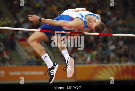 Scotland's David Smith in the Men's High Jump Final at the Carrara Stadium during day seven of the 2018 Commonwealth Games in the Gold Coast, Australia. Stock Photo