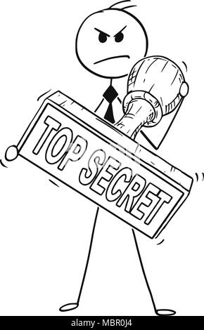 Cartoon of Businessman Holding Big Hand Rubber Top Secret Stamp Stock Vector