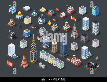 Isometric projection of 3D buildings Stock Vector
