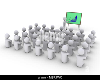 3d person is showing a board with graph to others that are sitting Stock Photo