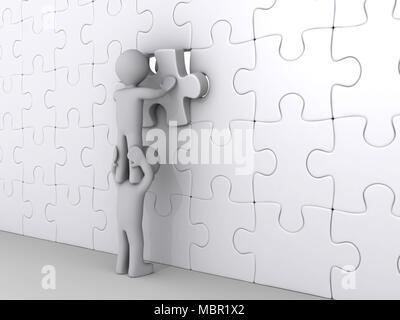 3d person on top of another is putting last piece of puzzle Stock Photo