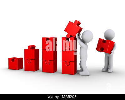 Two 3d persons are building a red graph made of puzzle pieces Stock Photo