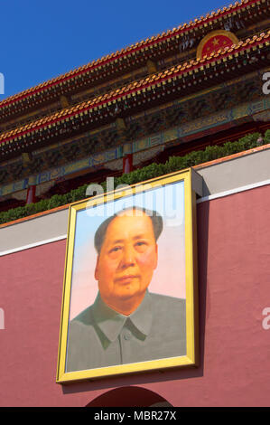 Chairman Mao’s famous portrait hangs above the entrance to the Forbidden City in Beijing, China. Stock Photo